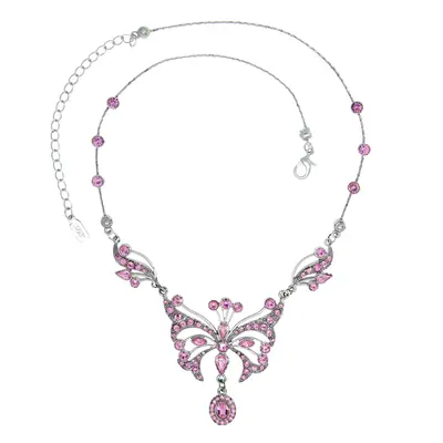 Silver with Pink Swarovski Crystal Butterfly Necklace 15\