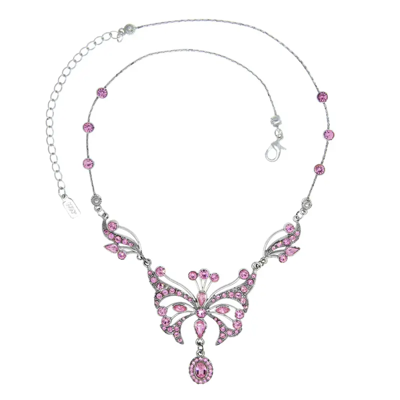 Silver with Pink Swarovski Crystal Butterfly Necklace 15\