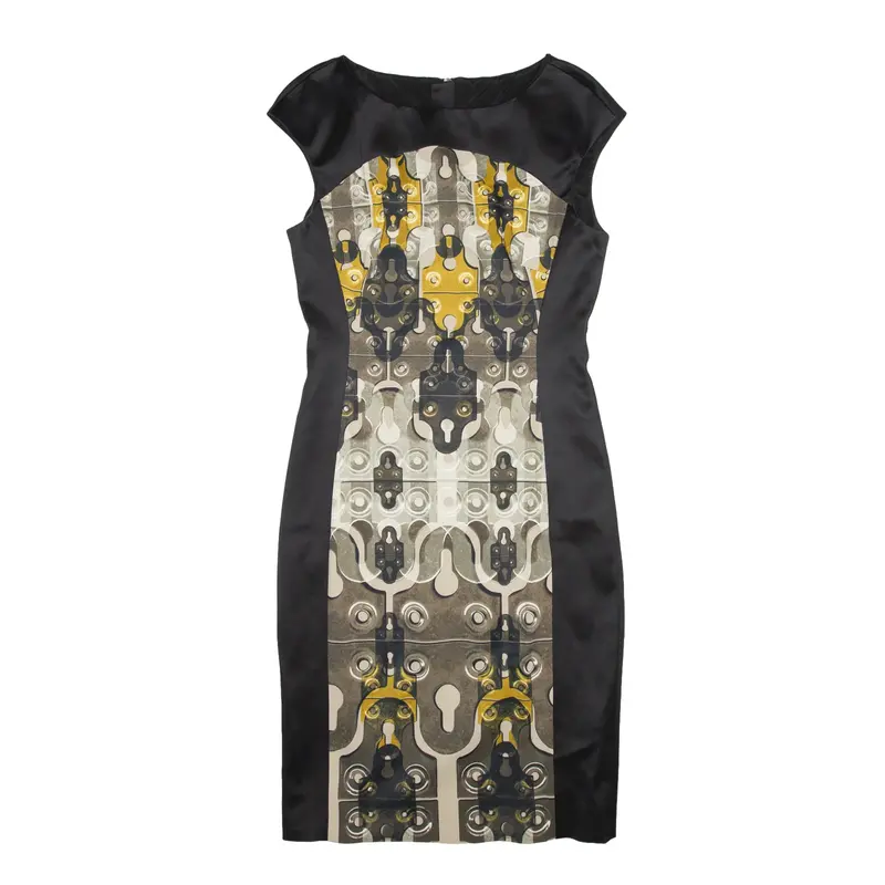 KAREN MILLEN Pencil Dress Black Crazy Pattern Satin Sleeveless Knee Length Womens UK 8