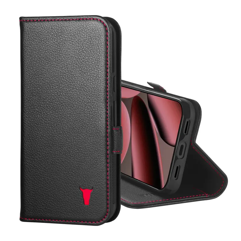 Google Pixel 11 Pro XL Leather Wallet Case - Black with Red Detail