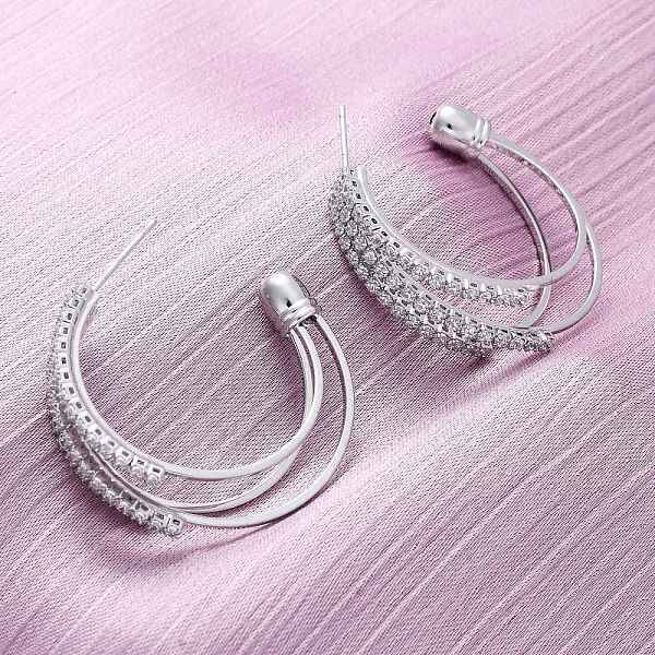 Triple C-Shaped Brass Micro Pave Clear Cubic Zirconia Stud Earrings