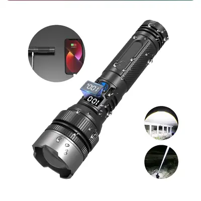 2-in-1 Strong Flashlight (Power Bank)，Digital display of power, Rechargeable，Zoomable, , X4Waterproof, Adjustable Brightn...