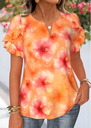 Modlily Orange Plus Size Floral Print Blouse - XXL