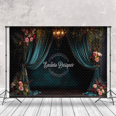 Retro Dark Teal Curtain Floral Wedding Photo Backdrop - Aperturee