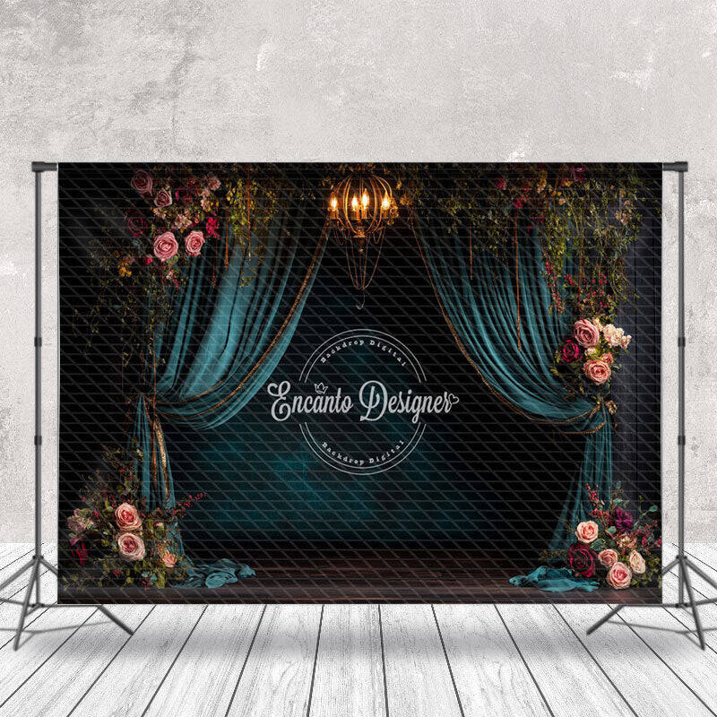 Retro Dark Teal Curtain Floral Wedding Photo Backdrop - Aperturee