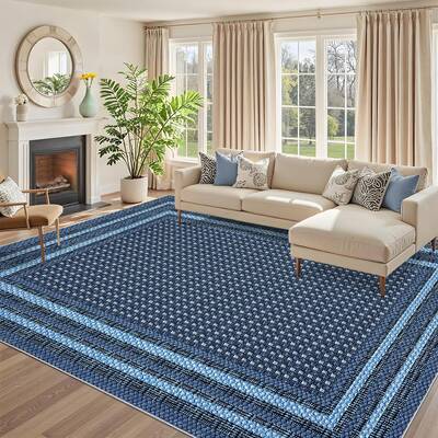 Garvee Washable Rugs for Living Room 10x13 Non Slip Modern Border Area Rug, Low Pile Linen Look Contemporary Soft Floor Carpe...