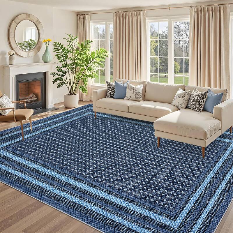 Garvee Washable Rugs for Living Room 10x13 Non Slip Modern Border Area Rug, Low Pile Linen Look Contemporary Soft Floor Carpe...