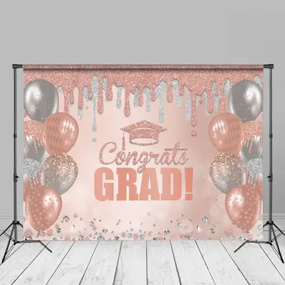Pink Silver Balloons Diamond Congrats Grad Backdrop - Aperturee