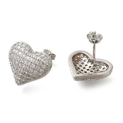 Rack Plating Heart Brass Pave Clear Cubic Zirconia Stud Earrings
