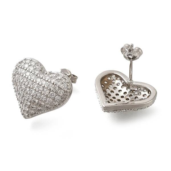 Rack Plating Heart Brass Pave Clear Cubic Zirconia Stud Earrings