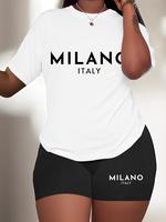 【Plus Size】 Letter Print Short Sleeve Tee & Skinny Shorts Set, Casual Round Neck T-shirt & Shorts, Women's Summer Clothes...