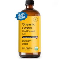 Organic Castor Oil - Zen Routine Cold Pressed - (16oz) Big Bottle, Hexane Free, Unrefined Glass Bottle. Body Care, Massage Oi...