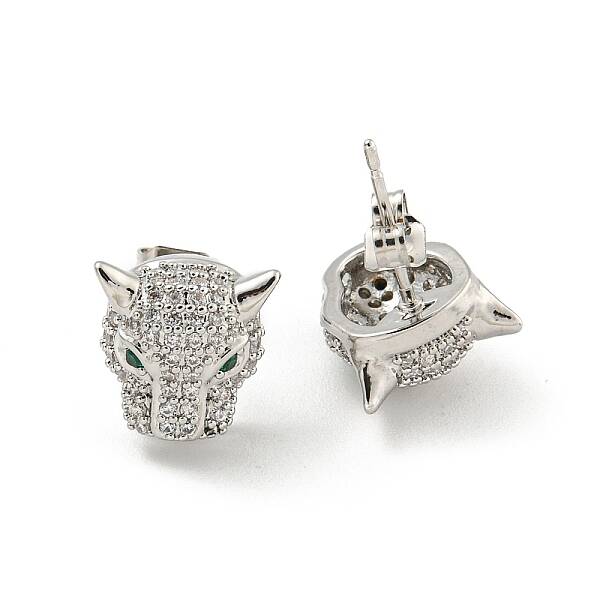 Wolf Brass Micro Pave Clear & Green Cubic Zirconia Stud Earrings for Women