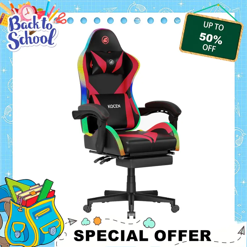 【Back To School】 KOCEN Gaming Chair , racing style RGB LED light gaming chair, equipped with a lumbar massager, high-back...