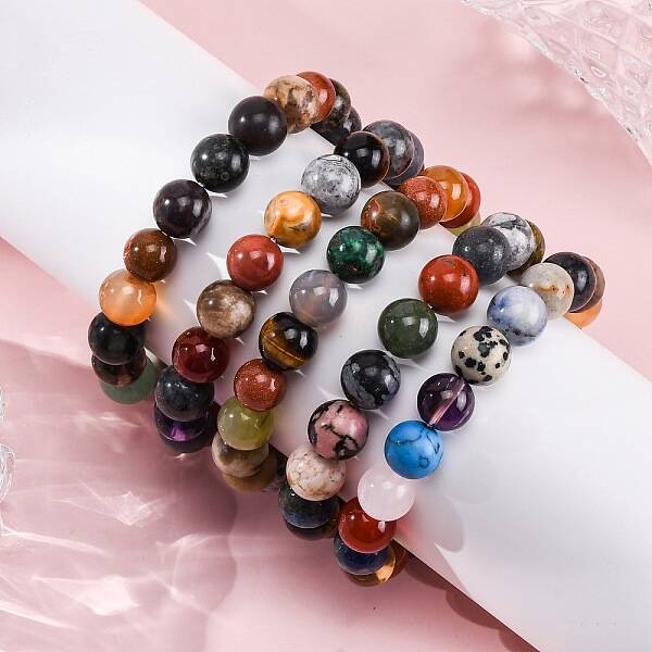 Natural & Synthetic Mixed Gemstone Beaded Stretch Bracelets for Women Men