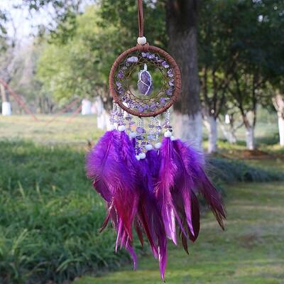 Natural Amethyst Chips Woven Net/Web with Feather Pendant Decoration