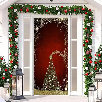 Dull Red Golden Glitter Christmas Tree Door Cover - Aperturee