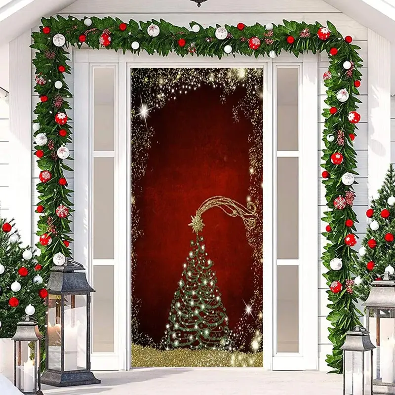 Dull Red Golden Glitter Christmas Tree Door Cover - Aperturee