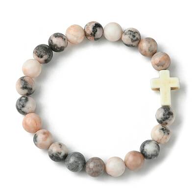 Natural Pink Zebra Jasper & Synthetic Turquoise Cross Beaded Stretch Bracelet