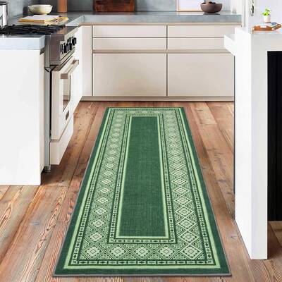 Garvee Modern Neutral Bordered Runner Rugs, Green 2'X6' Soft Washable Non Slip Solid Geometric Long Throw Carpet for Living R...