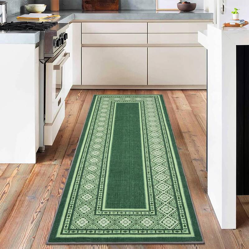 Garvee Modern Neutral Bordered Runner Rugs, Green 2'X6' Soft Washable Non Slip Solid Geometric Long Throw Carpet for Living R...