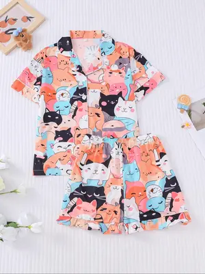 Girl's Cartoon Cat Print Lapel Neck Shirt & Shorts Two-piece Pajamas Set, Cute Casual Short Sleeve Top & Shorts, Kids Sleepwe...
