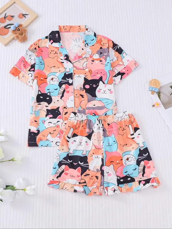 Girl's Cartoon Cat Print Lapel Neck Shirt & Shorts Two-piece Pajamas Set, Cute Casual Short Sleeve Top & Shorts, Kids Sleepwe...