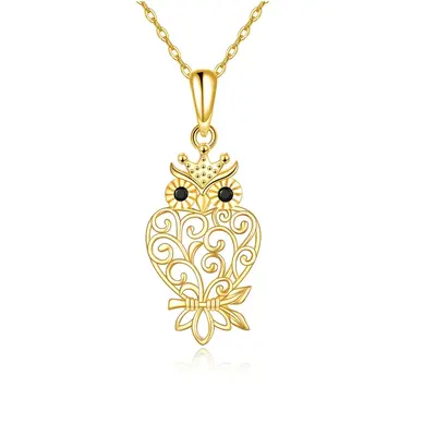 14K Gold Zircon Owl Pendant Necklace