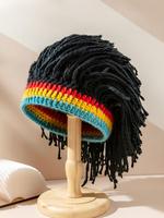 2024 Street Trend Y2k Rainbow Striped Crochet Dreadlock Beanies for Men, Summer Funny High Stretch Rasta Hair Wig Cap for Tee...
