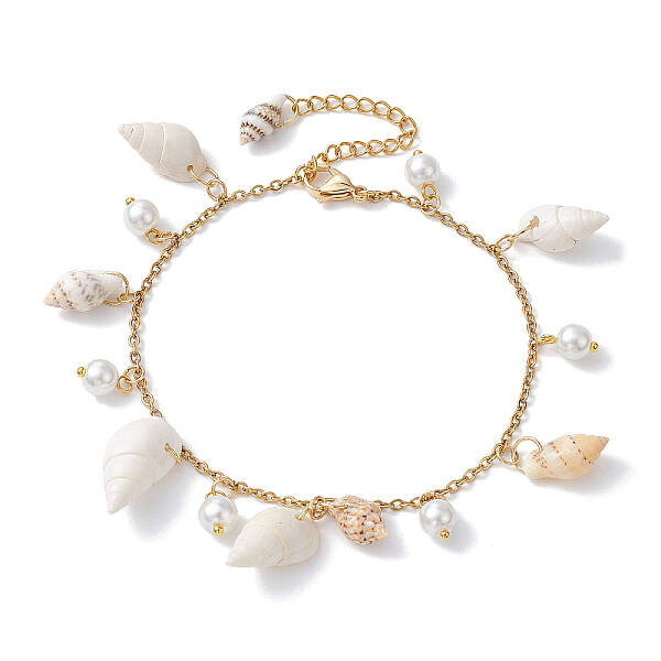 Natural Spiral Shell & Glass Pearl Charm Anklets
