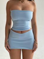 Two-piece Set Women's Solid Crop Ruched Tube Leisure Wear Top & Bodycon Mini Skirt Set, Casual Sleeveless Strapless Top & S...