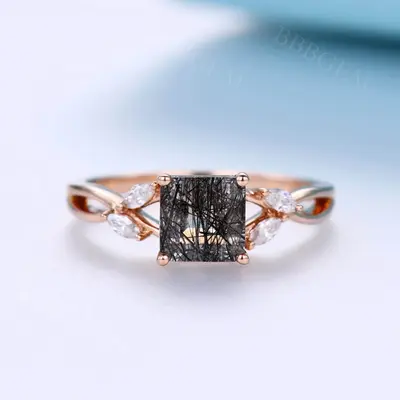 Natural Black Rutilated Quartz Diamond Engagement Ring Wedding Ring