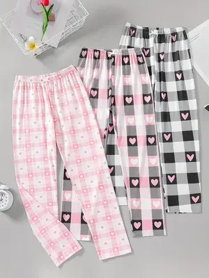 Girl's Plaid & Heart Print Bow Decor Pants, Casual Comfy Elastic Waist Straight Leg Trousers for Daily Wear, Kids Bottoms for...