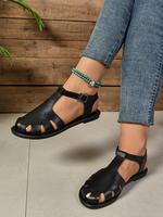 Women's Fashionable Plain Color Buckle Decorated Sandals, Leather Sandals, Ladies Sandal, Casual Comfortable Flat Sandals for...