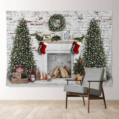Aperturee Brick Wall Wreath Tree White Christmas Backdrop
