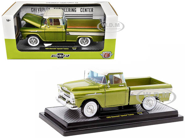 1958 Chevrolet Apache Cameo Pickup Truck Olive Green Metallic with Wimbledon White Top Limited Edition to 6250 pieces Worldwi...