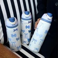 Bow Pattern Stainless Steel Vacuum Flask, 1 Count Portable Insulated Water Bottle with Straw, Summer Cool Bottle Drinking Cup...