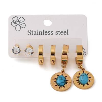 304 Stainless Steel Flat Round Stud & Hoop Earrring Set for Women