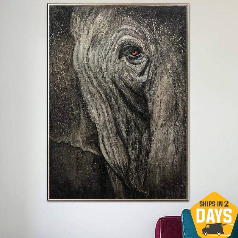 Large Gray Elephant Paintings On Canvas Original Animal Painting Expressionist Art Animal Painting | GRAY GIANT 40"x30&q...