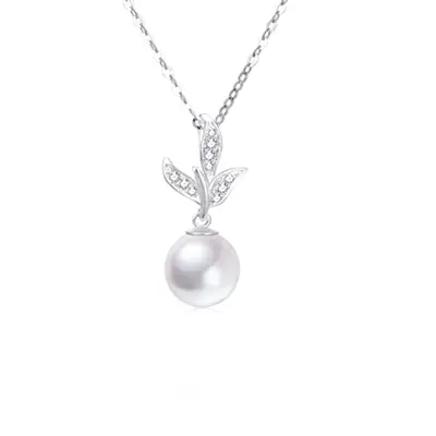 14K White Gold Round Pearl Leaves Necklace for Women