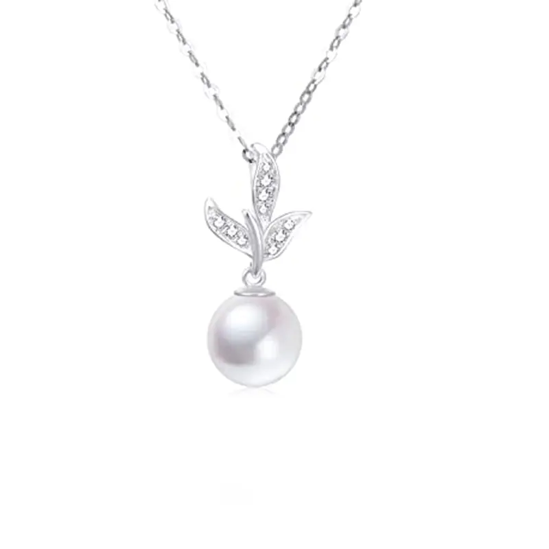 14K White Gold Round Pearl Leaves Necklace for Women