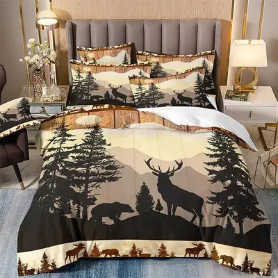 Deer & Bear Print Bedding Set, 3counts/set Including 1 Count Duvet Cover & 2 Counts Pillowcase Without Filler, Bedding Set f...