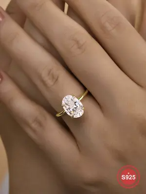 S925 Sterling Silver Oval Shaped Engagement Ring, Gold Plated Synthetic Moissanite Ring, Exquisite Jewelry Gift for Women & G...