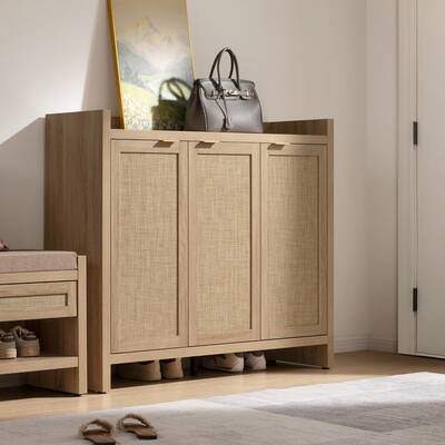 Garvee Boho 47 Rattan Shoe Storage Cabinet with 3 Doors and Adjustable Shelves for Hallway Living Room, Light Oak