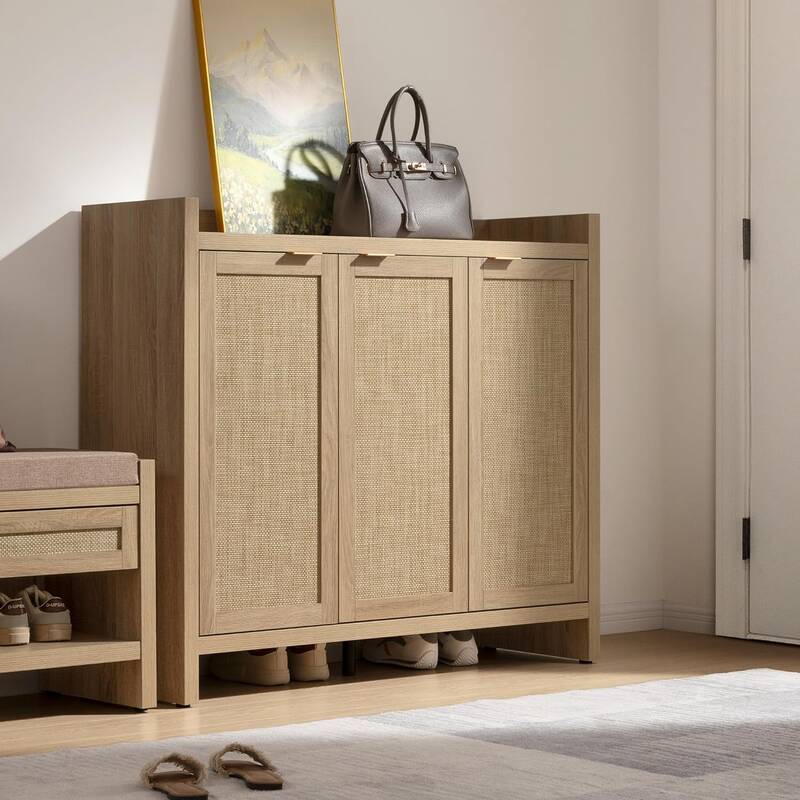 Garvee Boho 47 Rattan Shoe Storage Cabinet with 3 Doors and Adjustable Shelves for Hallway Living Room, Light Oak