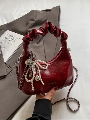 Elegant Faux Pearl Bow Decor Ruched Design Handbag, Trendy Bowknot Design Chain Strap Crossbody Half Moon Bag, Fashionable Ho...