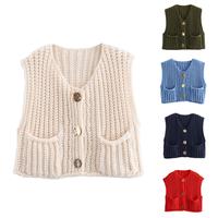 Molitree Womens Casual Chunky Knit Vest Gold Button Down Crop Crochet Sleeveless Sweater Vest