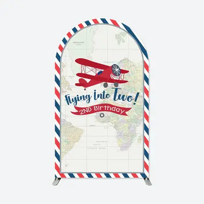 Aperturee Airplane Flying Into Two 2Nd Birthday Arch Backdrop | Round Arch Backdrop Cover | Custom Chiara Arched Covers | Chi...