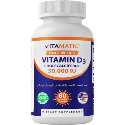 Vitamatic Vitamin D3 50,000 IU (as Cholecalciferol), Once Weekly Dose, 1250 mcg, 60 Veggie Capsules 1 Year Supply, Progressiv...