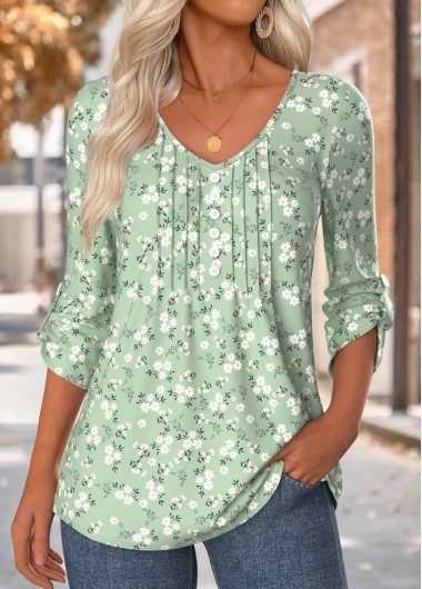 Modlily Sage Green Floral Print 3/4 Sleeve V Neck Blouse - M
